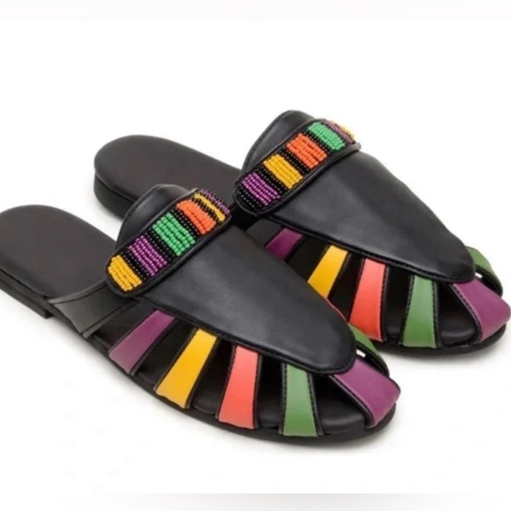 FARM RIO Black Rainbow Beaded Mules EU 39 US 8